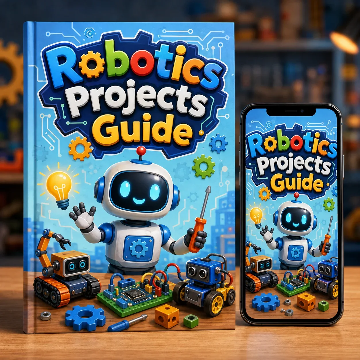 The Robotics Projects Guide as a printed book and on a phone, its cover showing a friendly robot surrounded by kid-built machines and electronic parts